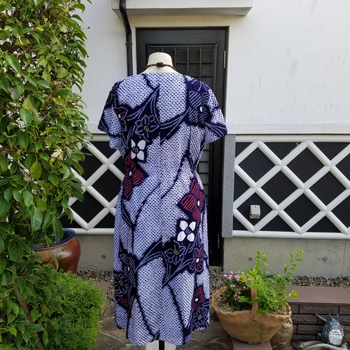 リメイク 有松絞り 浴衣 ワンピース ハンドメイド 紺 エメラルド