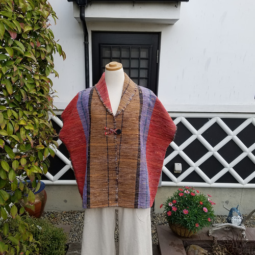 白木/黒塗り 裂き織りベスト 着物リメイク ハンドメイド - 通販