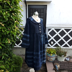 着物リメイク　ハンドメイド　半纏の裏を表地　チビセーラー　ワンピース　Boro やや地厚の木綿 2枚目の画像