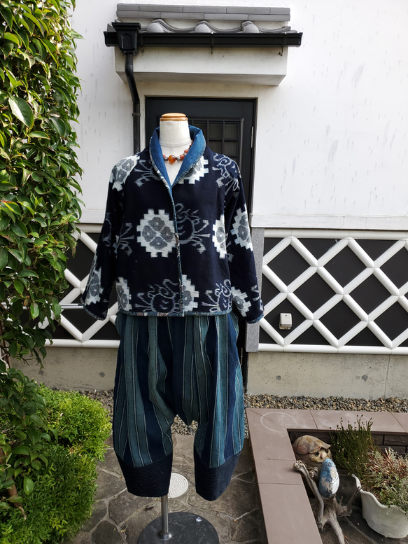 着物リメイク　ハンドメイド　縞　サルエルパンツ(地厚の綿) 1枚目の画像