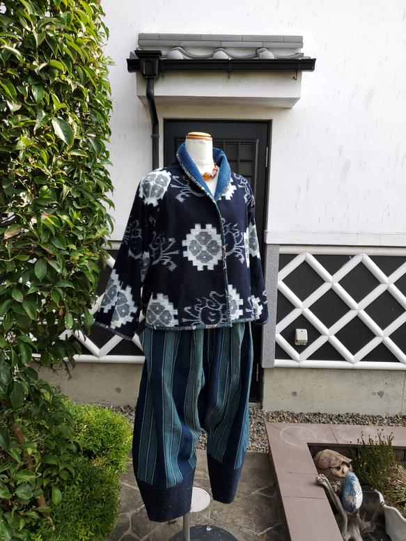 着物リメイク　ハンドメイド　縞　サルエルパンツ(地厚の綿) 2枚目の画像