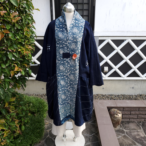 古布 藍染め 刺し子 中綿入り リバーシブル ノーカラージャケット 古着