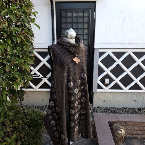 着物リメイク 手作り 久米島紬と大島パッチ スヌード付き チュニック  