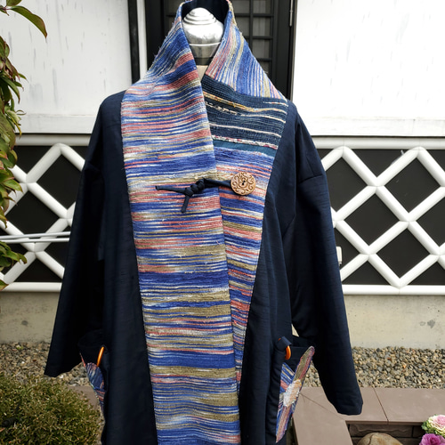 着物リメイク 古布手作り 裂き織りと紬 コート その他素材 hanahukujun