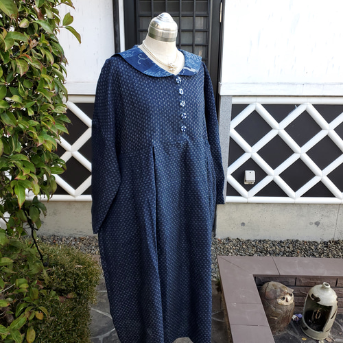 着物リメイク 古布手作り 近江上布 麻 ちびセーラー ワンピース