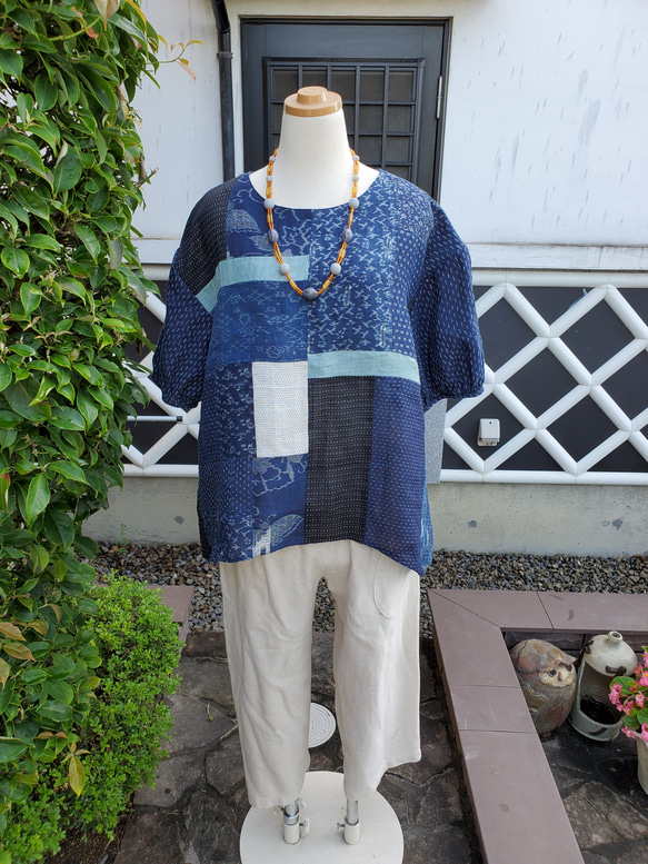 着物リメイク 手作り 近江上布 パッチ ブラウス ワンピース  