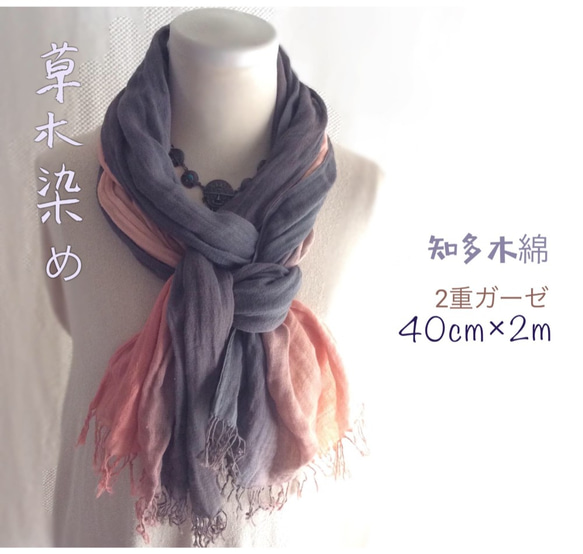 茜染め　グラデーションストール 茜と紫のグラデーション 草木染め大判ストール知多木綿2重ガーゼ