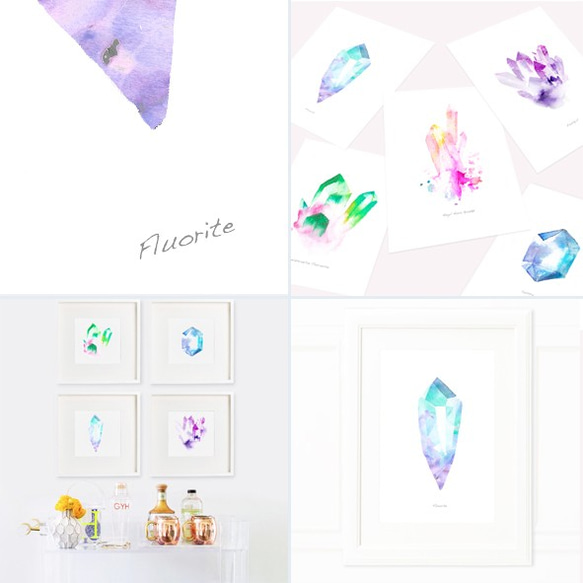 A3~A4サイズ/WaterColor Crystal Art Print/水彩 原石アートプリント/フローライト 蛍石 4枚目の画像