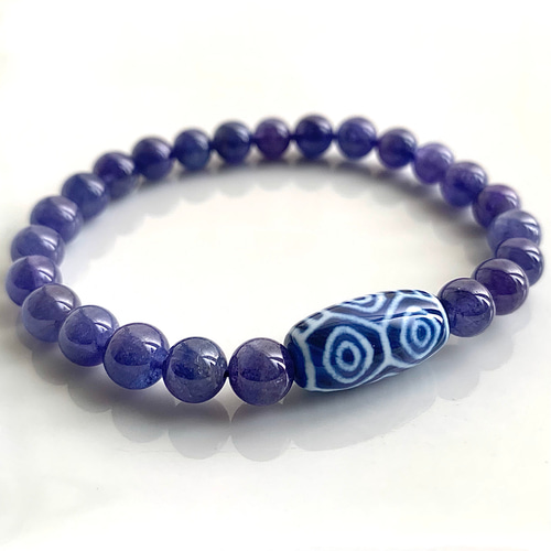 高品質☆龍眼天珠 青玉髄と宝石質7Aタンザナイトのブレスレット