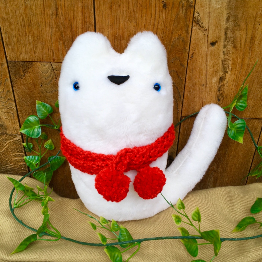 オーダー製作 ★ふわもこシンプルデカイ縫いぐるみ☆ぬぼ〜っとした白猫さん☆高さ30cm☆マフラー付き