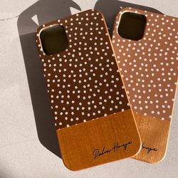 天然木♡名入れ！選べる2色♪ BEIGE BROWN DOT iPhone ベージュ ブラウン ドット柄 スマホケース 2枚目の画像