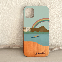 天然木♡名入れ♬ RAINBOW OCEAN iPhone  レインボーオーシャン ウッド スマホケース 1枚目の画像