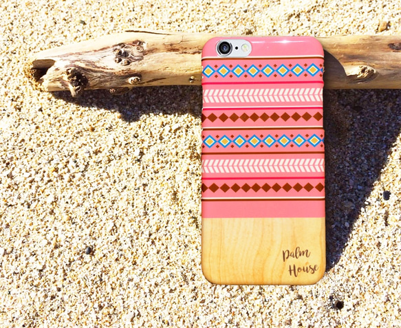 名入れ♪ ネイティブ柄ウッド★iPhone&Android★ TRIBAL WOOD PINK スマホケース 1枚目の画像