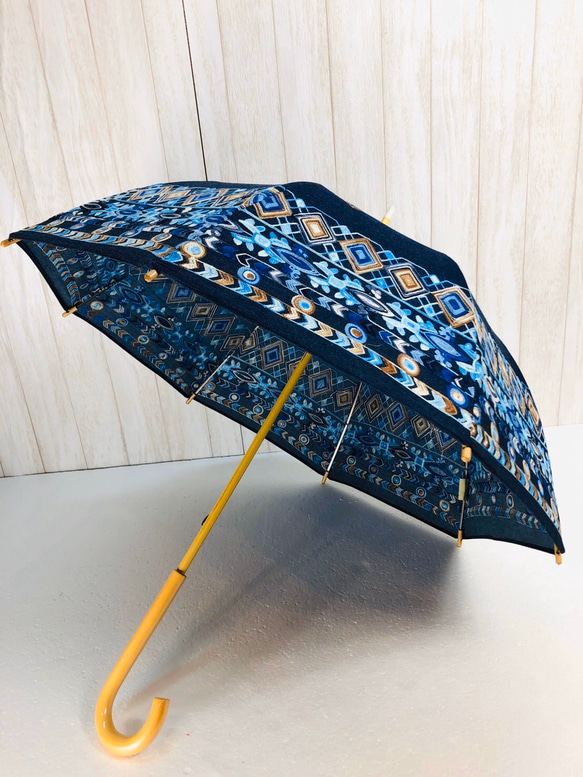 〔ﾃﾞﾆﾑ＊刺繡＊撥水加工済＊手元木製〕HiraTen　parasol＊日傘 1枚目の画像