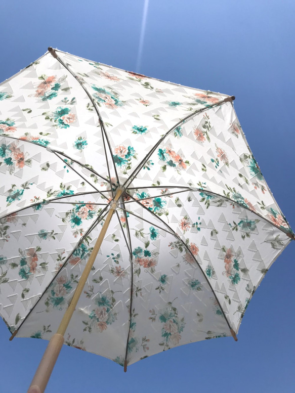 〔花柄ﾌﾟﾘﾝﾄ＊ｺｯﾄﾝ＊手元ﾊﾞﾝﾌﾞｰ＊UV加工＊撥水加工済〕HiraTen　parasol＊日傘 8枚目の画像