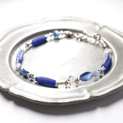 藍色羅馬玻璃和藍晶石、Herkimer 鑽石、堇青石、閃亮卡倫銀手鍊 第1張的照片