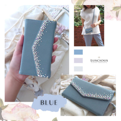 ほぼ全機種対応！スワロフスキーラインストーンデコレーション手帳型三つ折りスマホケース【ブルー】＊ショルダーストラップ付き 4枚目の画像