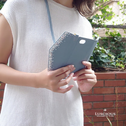 ほぼ全機種対応！スワロフスキーラインストーンデコレーション手帳型三つ折りスマホケース【ブルー】＊ショルダーストラップ付き 9枚目の画像