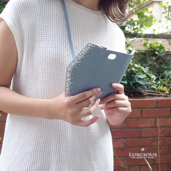 ほぼ全機種対応！スワロフスキーラインストーンデコレーション手帳型三つ折りスマホケース【ブルー】＊ショルダーストラップ付き 9枚目の画像