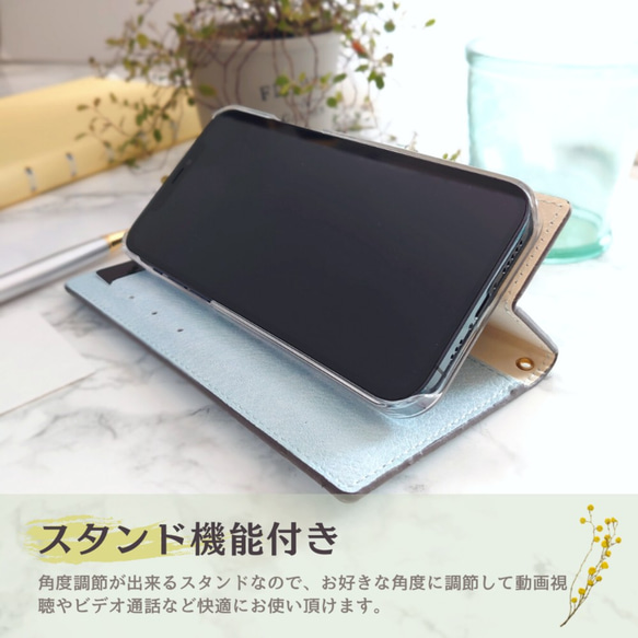 ブラックリボン×パステルカラーのスワロフスキーデコレーション手帳型スマホケース4色 5枚目の画像