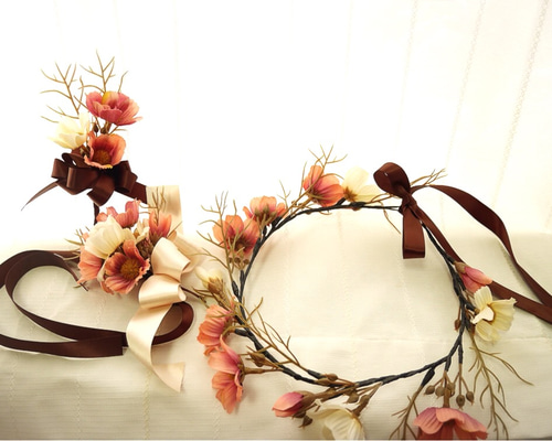 花冠♡ピンク♡ベージュ  リストブーケ 桜ピンクの花冠 ヘッドドレス（ウェディング） yumellia 通販
