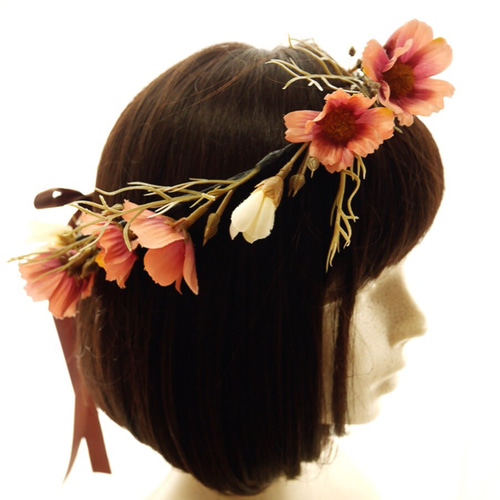 コスモスの花冠+リストブーケ，ブートニア ヘッドドレス