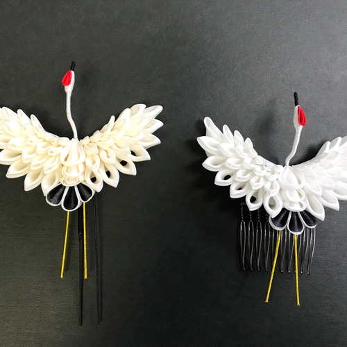 厚切りタン　つまみ細工　鶴　ウェディング　ブライダル 受注制作】鶴 かんざし つまみ細工 着物 ウェディング 成人式