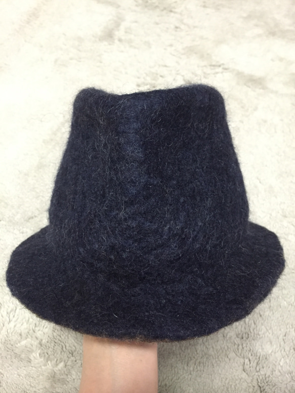 ◎羊毛フェルトハット◎ネイビー×ブラウン 帽子 約56センチ 4枚目の画像