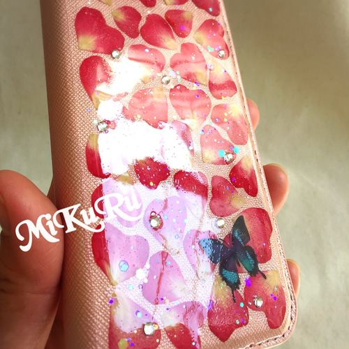 完成品】iPhone7手帳型♡いちめんハート♡押し花ケース iPhoneケース 