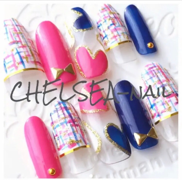 ツイード×ハートネイル(ピンク×ネイビー) ネイルチップ（つけ爪  