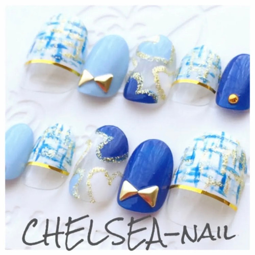 ♡ブルーツイードネイル♡ ネイルチップ　ハンドメイド ツイード×ハートネイル(ブルー) ネイルチップ（つけ爪） CHELSEA-nail