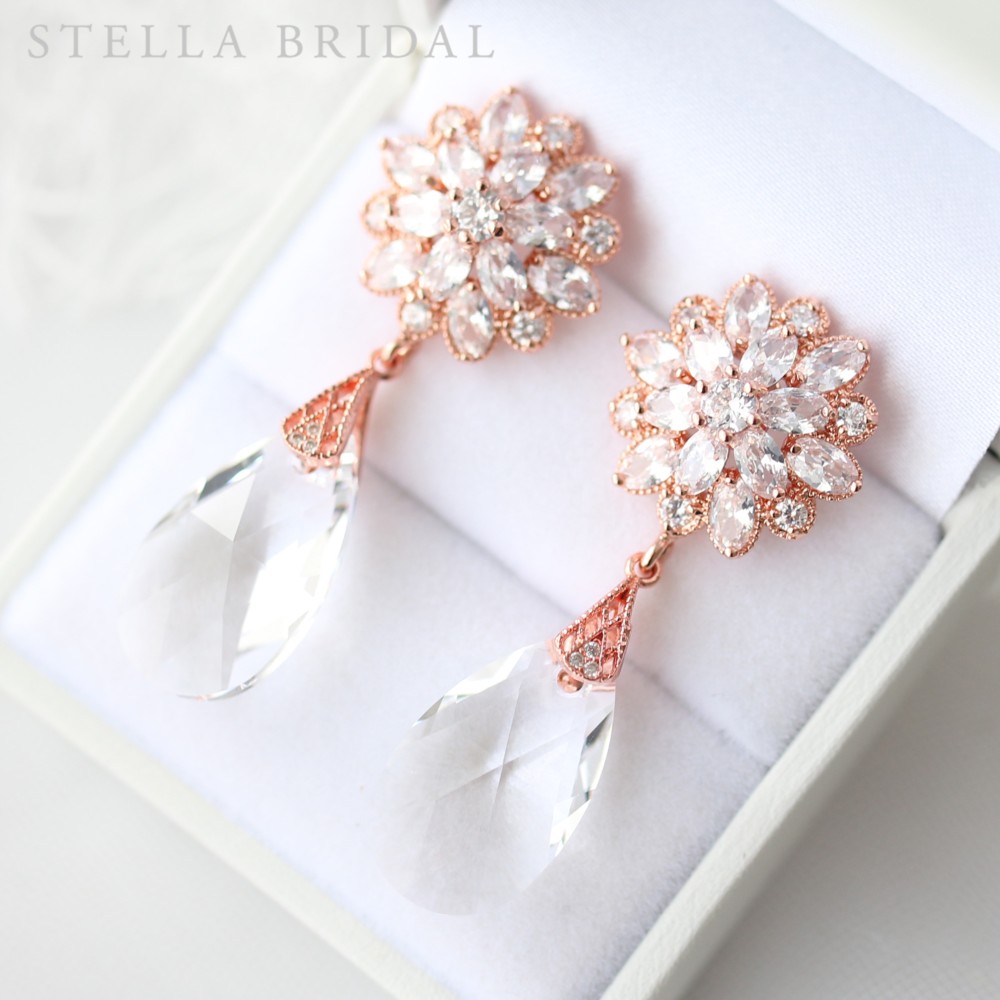 キュービックジルコニア ブライダルイピアス コラレット ドロップクリスタル＜ピンクゴールド＞