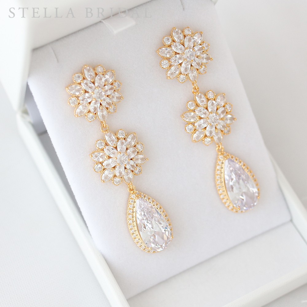 キュービックジルコニア ブライダルイヤリング コラレット ロング ドロップビジュー ゴールド