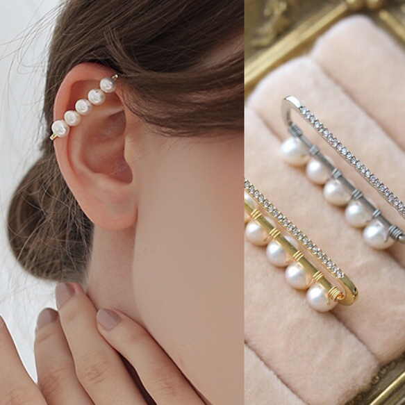 2WAY＊キュービックジルコニア イヤーカフ Pearl & Pave Rectangle 1枚目の画像