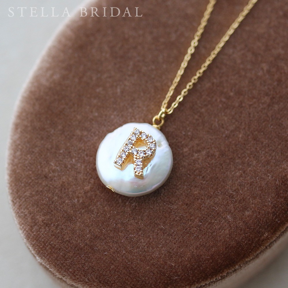 S316L or 14KGF＊キュービックジルコニアとコインパールのイニシャルチャームネックレス