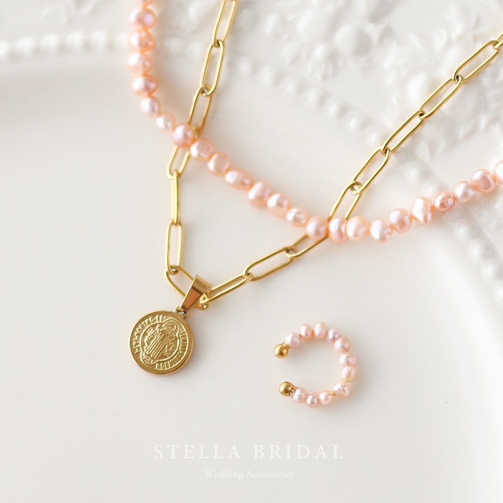 3WAY＊SUS316L＊選べるチャームとピンクバロックパールのロングネックレス&イヤーカフセット 【受注生産品】