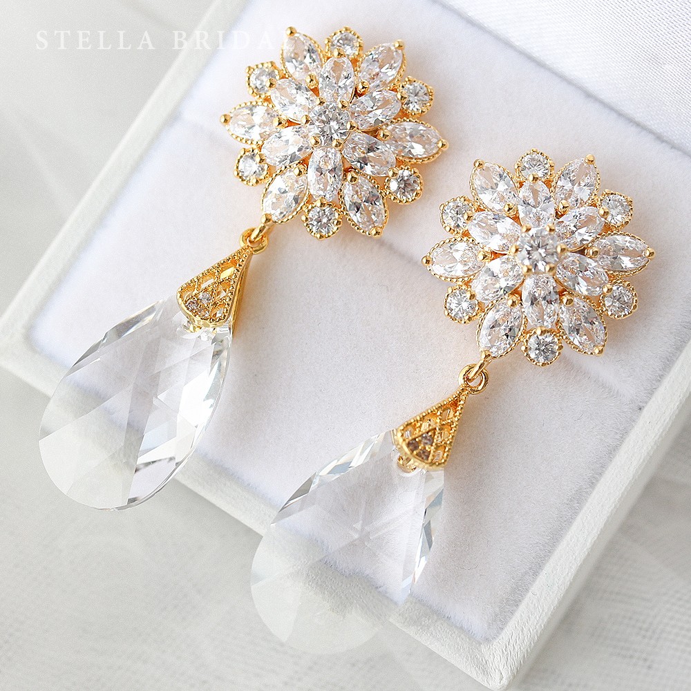 キュービックジルコニア ブライダルイヤリング コラレット ドロップクリスタル＜ゴールド＞