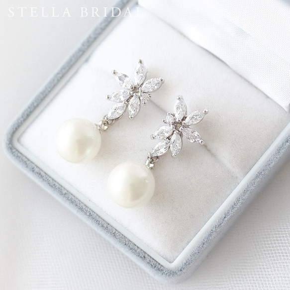 【ドラマ使用】ブライダルやフォーマルに＊キュービックジルコニア ウェディングイヤリング アカシア ドロップパール 1枚目の画像