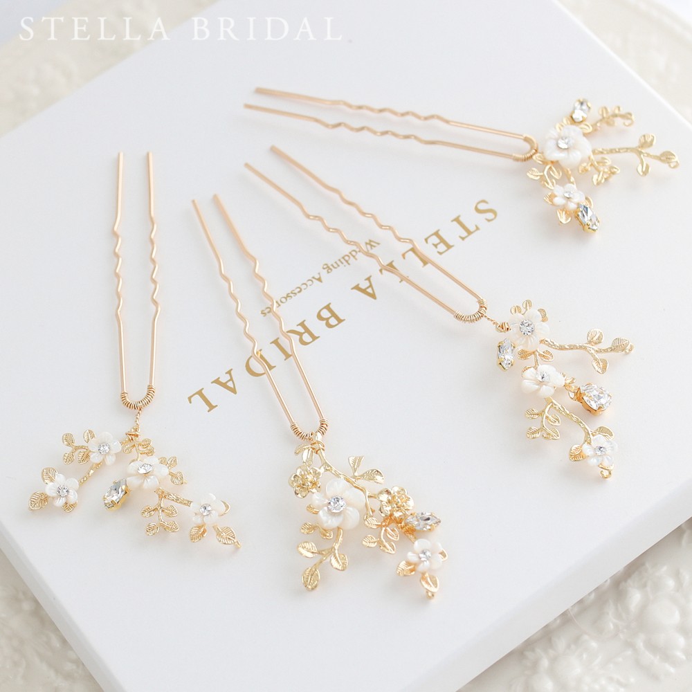 スワロフスキー＆シェルフラワーのアンティーク風ブライダルヘッドピース ココ・ブランチ 4ピースセット【受注生産品】