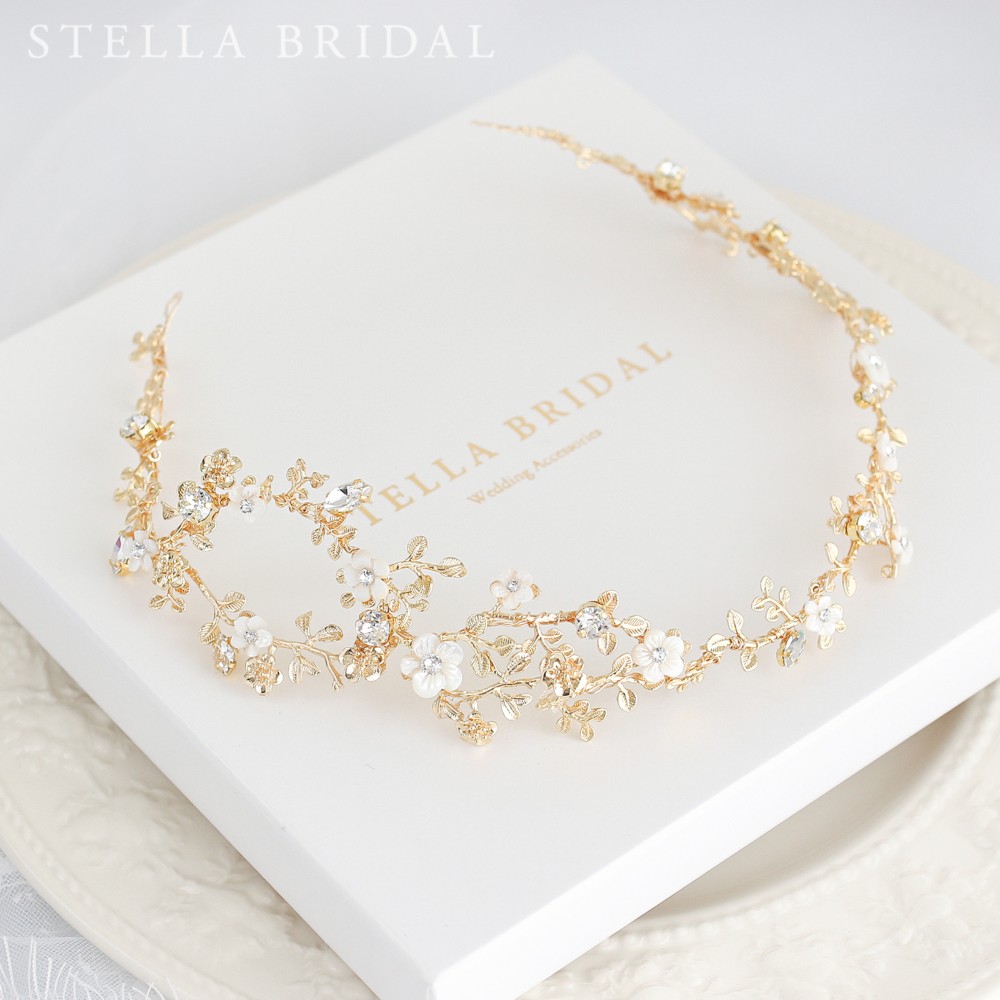 スワロフスキー＆シェルフラワーのアンティーク風ブライダルヘッドドレス ココ・ブランチ【受注生産品】