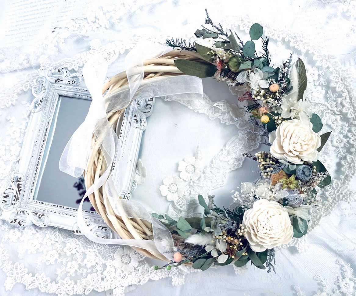布花作品♡爽やかな色のリース Snowflake Flower ホワイト＆ブルーの爽やか