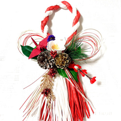 特別価格『早割お正月2022』しめ縄に寒白椿、梅と松と折鶴の祝正月飾り