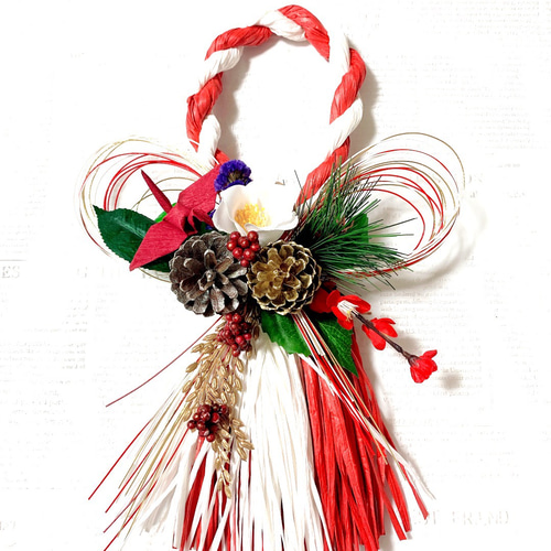 特別価格『早割お正月2022』しめ縄に寒白椿、梅と松と折鶴の祝正月飾り