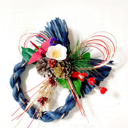 特別価格『早割お正月2022』祝紺しめ縄に寒白椿、梅と松と折鶴の祝正月