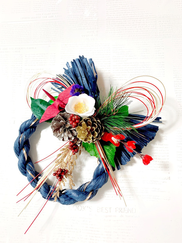 特別価格『早割お正月2022』祝紺しめ縄に寒白椿、梅と松と折鶴の祝正月