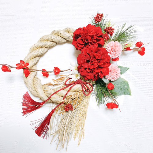 しめ縄リース赤紫ダリア小梅