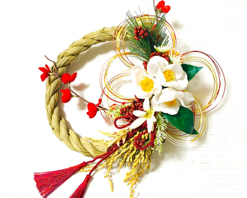 早割＊お正月＊寒雪椿と五重水引きで祝う新年のしめ縄飾り しめ縄