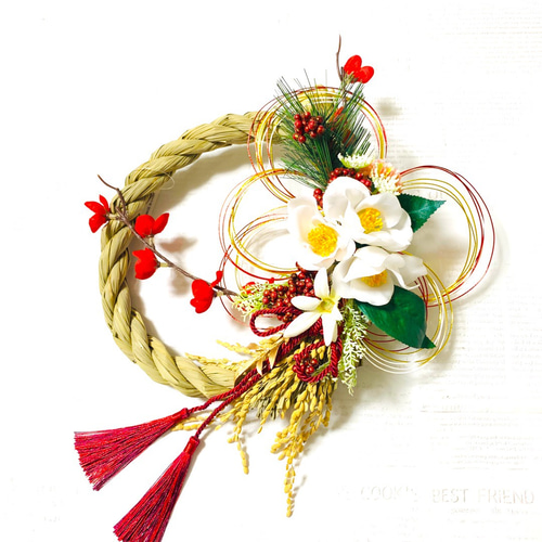 早割＊お正月＊寒雪椿と五重水引きで祝う新年のしめ縄飾り しめ縄