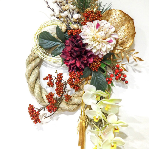 新年を祝う豪華極太しめ縄＊ダリアと胡蝶蘭の金が舞うお正月飾り