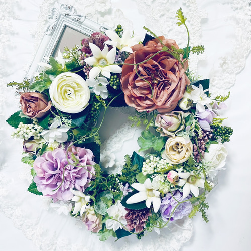 フラワーリース 春爛漫5 咲き誇る花とグリーン 玄関リース 造花 母の日 フラワーリース 春爛漫5 咲き誇る花とグリーン 玄関リース 造花